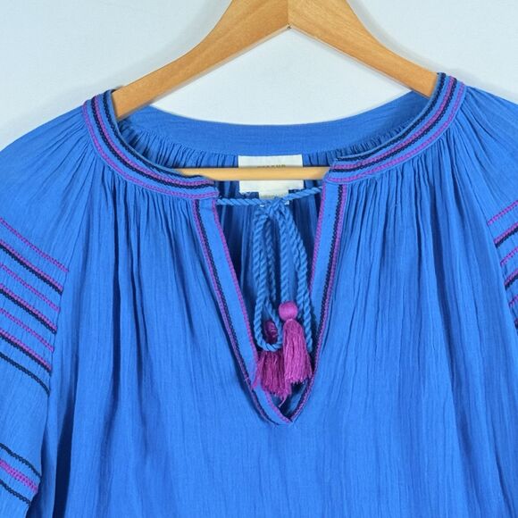 Maeve Bright Blue Native Cross Stitch Boho Peasant Western Shirt Top‎ Womens XS - Picture 2 of 8